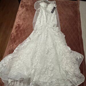 New Jovani Bridal Strapless Lace 3D Floral Mermaid Wedding Dress Size 6 White